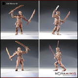 Four-angle turnaround render of the unpainted Gith Warrior 03 resin miniature by Novaminis — showing front, back, left, and right views of the dual-wielding Githyanki fighter with ornate shoulder armour, scrollwork greaves, braided hip detail, and raised twin blades in an attacking pose, 32mm scale