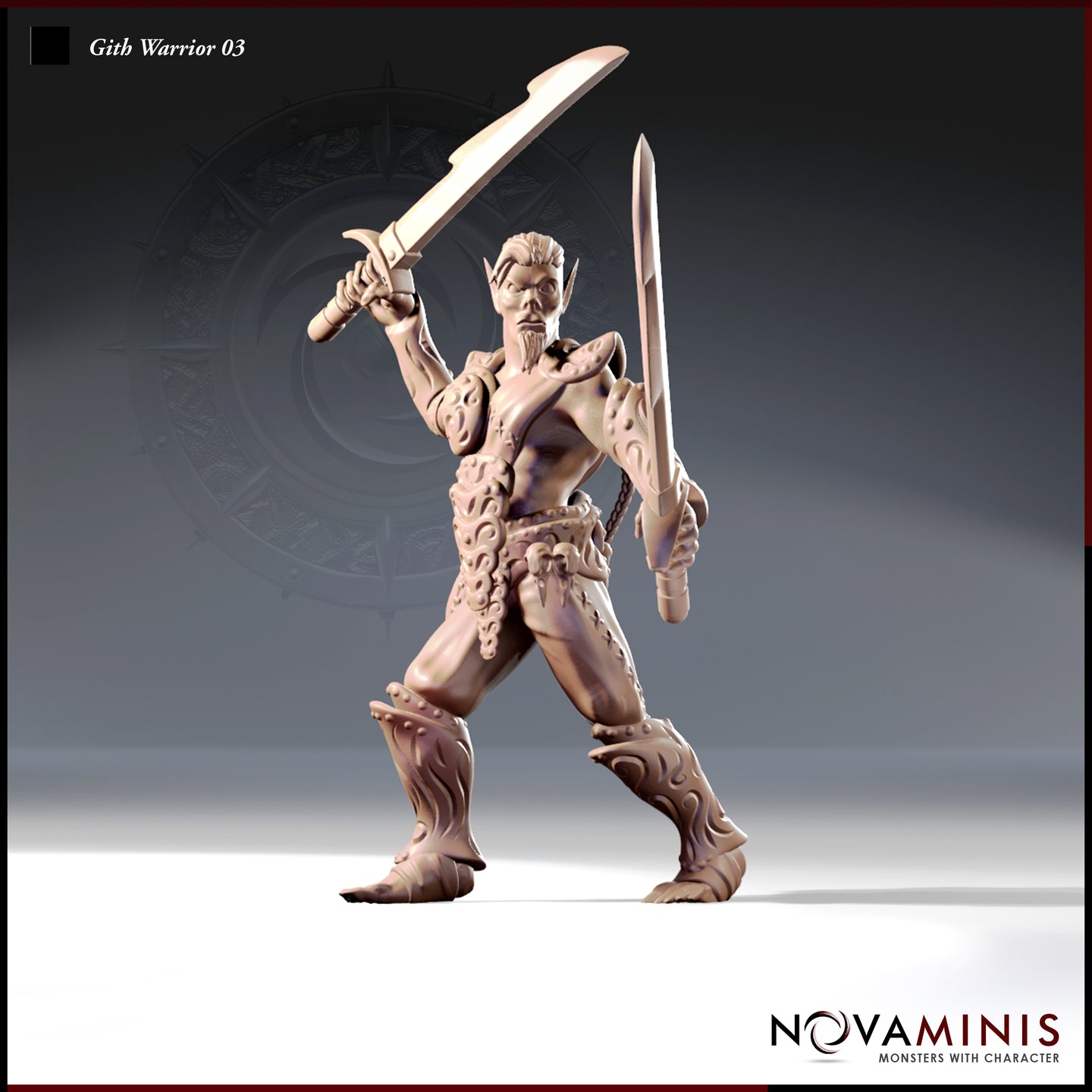 Front three-quarter view of an unpainted resin Gith Warrior 03 miniature by Novaminis — a muscular dual-wielding male warrior in ornate carved pauldrons and decorated greaves, one broad curved blade swept overhead and a longer tapered sword held low, wide aggressive fighting stance, pointed beard and topknot hairstyle, 32mm scale digital render