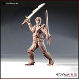 Front three-quarter view of an unpainted resin Gith Warrior 03 miniature by Novaminis — a muscular dual-wielding male warrior in ornate carved pauldrons and decorated greaves, one broad curved blade swept overhead and a longer tapered sword held low, wide aggressive fighting stance, pointed beard and topknot hairstyle, 32mm scale digital render