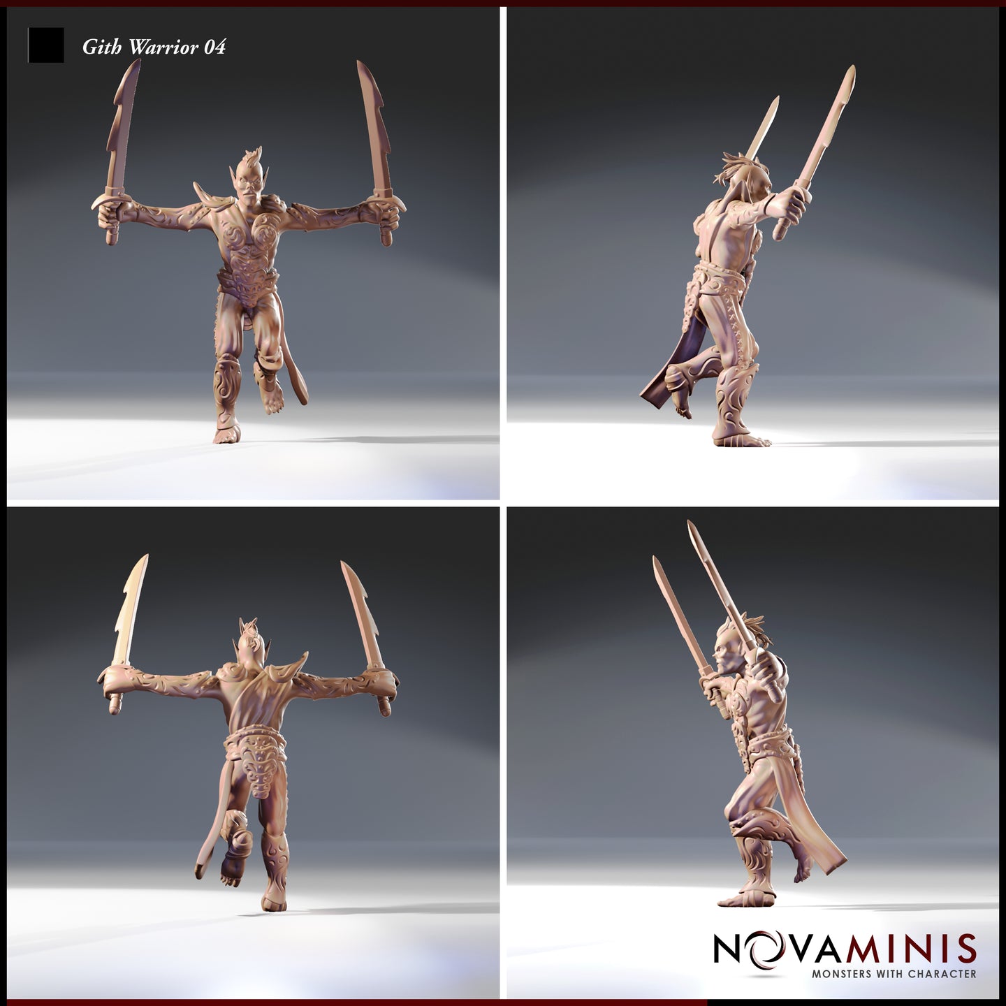Four-angle turnaround render of Gith Warrior 04 by Novaminis showing front, rear three-quarter, side, and back views. The dual-wielding Githyanki warrior's full sculpt is visible from all sides — including the carved armour detailing on the back, the flowing loin cloth, bare feet, and the upswept sword angles that define the charging pose. Digital render, unpainted.