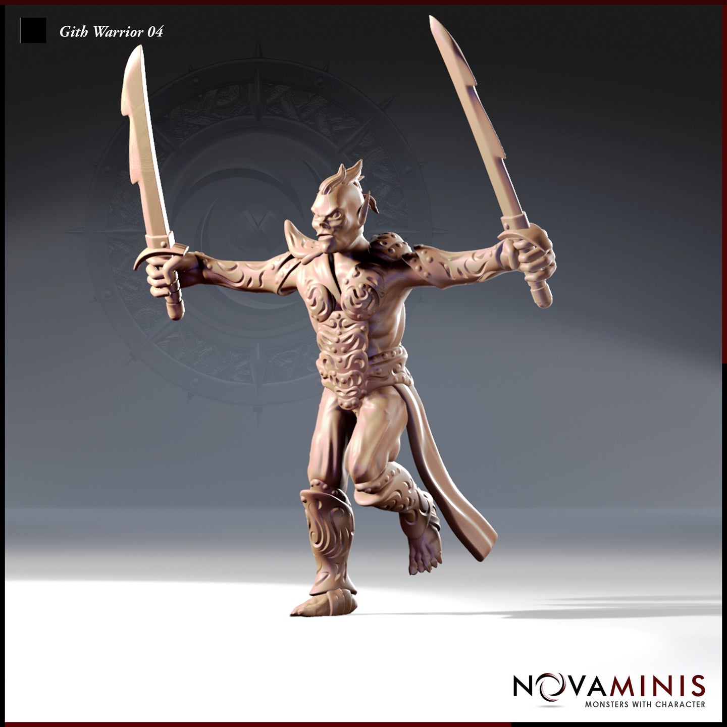 32mm resin render of Gith Warrior 04 by Novaminis — a lean Githyanki fighter in a dynamic forward lunge, both arms raised and extended wide with a sword in each hand. The figure wears carved organic armour plating across the torso and greaves, with a short loin cloth flaring behind. Angular facial features, top-knot hair, and pointed ears complete the silhouette. Digital render, unpainted.
