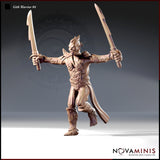 32mm resin render of Gith Warrior 04 by Novaminis — a lean Githyanki fighter in a dynamic forward lunge, both arms raised and extended wide with a sword in each hand. The figure wears carved organic armour plating across the torso and greaves, with a short loin cloth flaring behind. Angular facial features, top-knot hair, and pointed ears complete the silhouette. Digital render, unpainted.