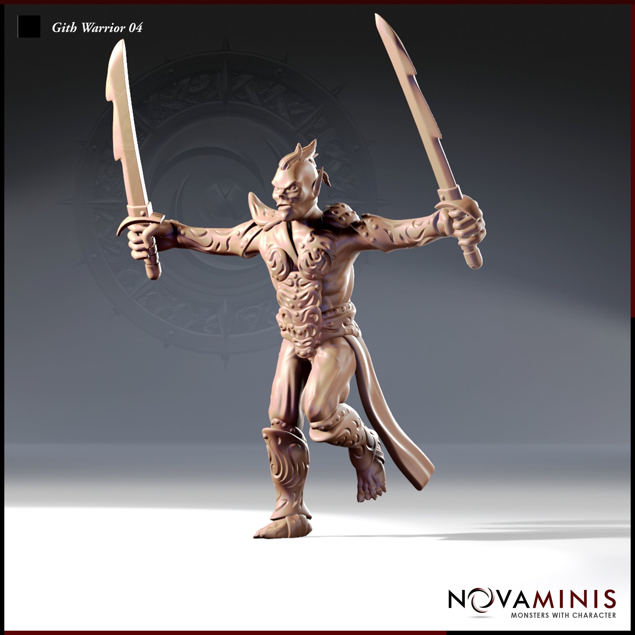32mm resin render of Gith Warrior 04 by Novaminis — a lean Githyanki fighter in a dynamic forward lunge, both arms raised and extended wide with a sword in each hand. The figure wears carved organic armour plating across the torso and greaves, with a short loin cloth flaring behind. Angular facial features, top-knot hair, and pointed ears complete the silhouette. Digital render, unpainted.