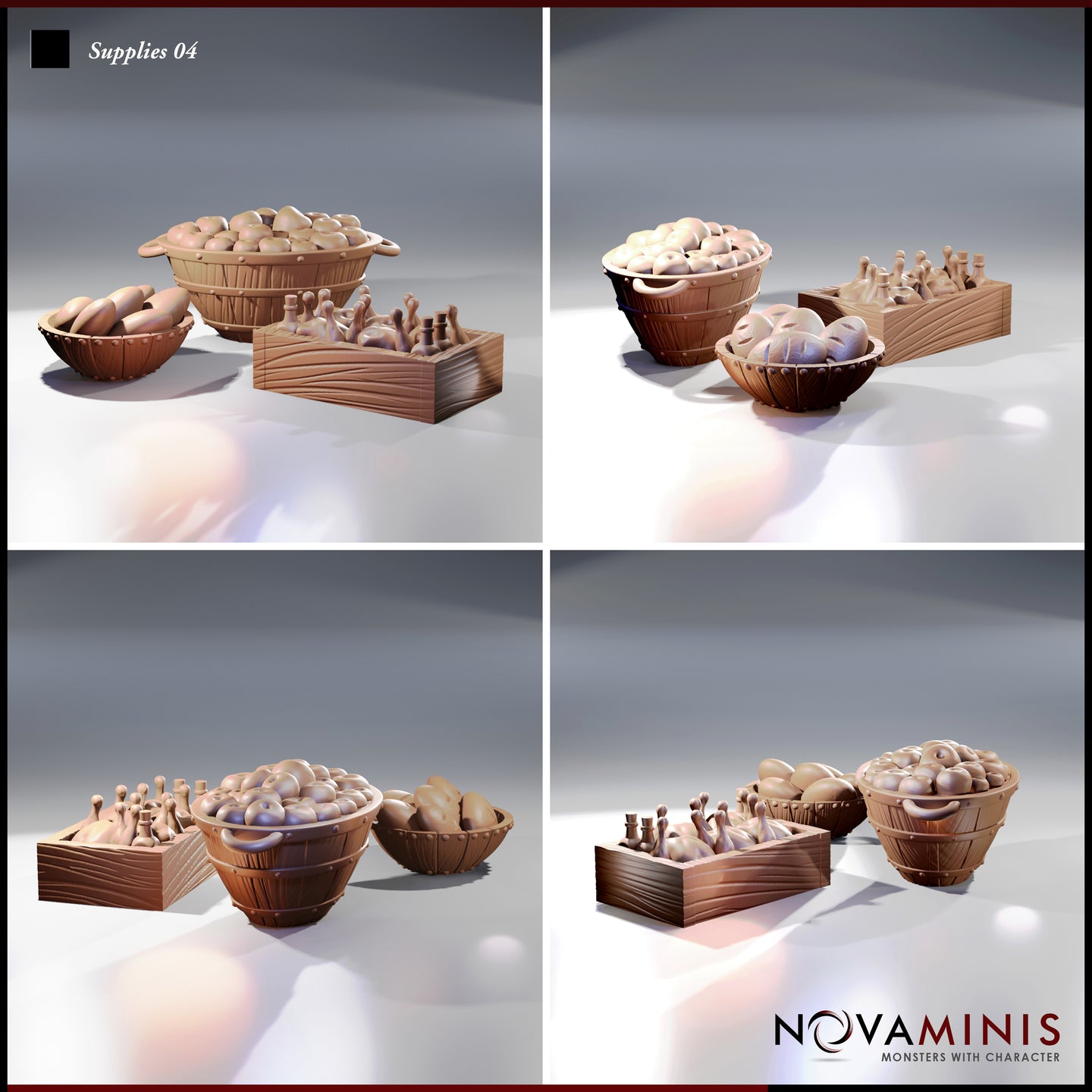 Four-angle digital render of Novaminis Supplies 04 scatter terrain set showing the fruit barrel, bread bowl, and bottle crate from multiple viewpoints, highlighting the wood grain texture on the crate and riveted metalwork on the barrel, all unpainted resin