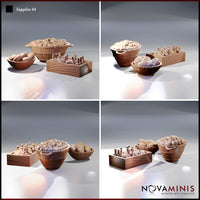 Four-angle digital render of Novaminis Supplies 04 scatter terrain set showing the fruit barrel, bread bowl, and bottle crate from multiple viewpoints, highlighting the wood grain texture on the crate and riveted metalwork on the barrel, all unpainted resin