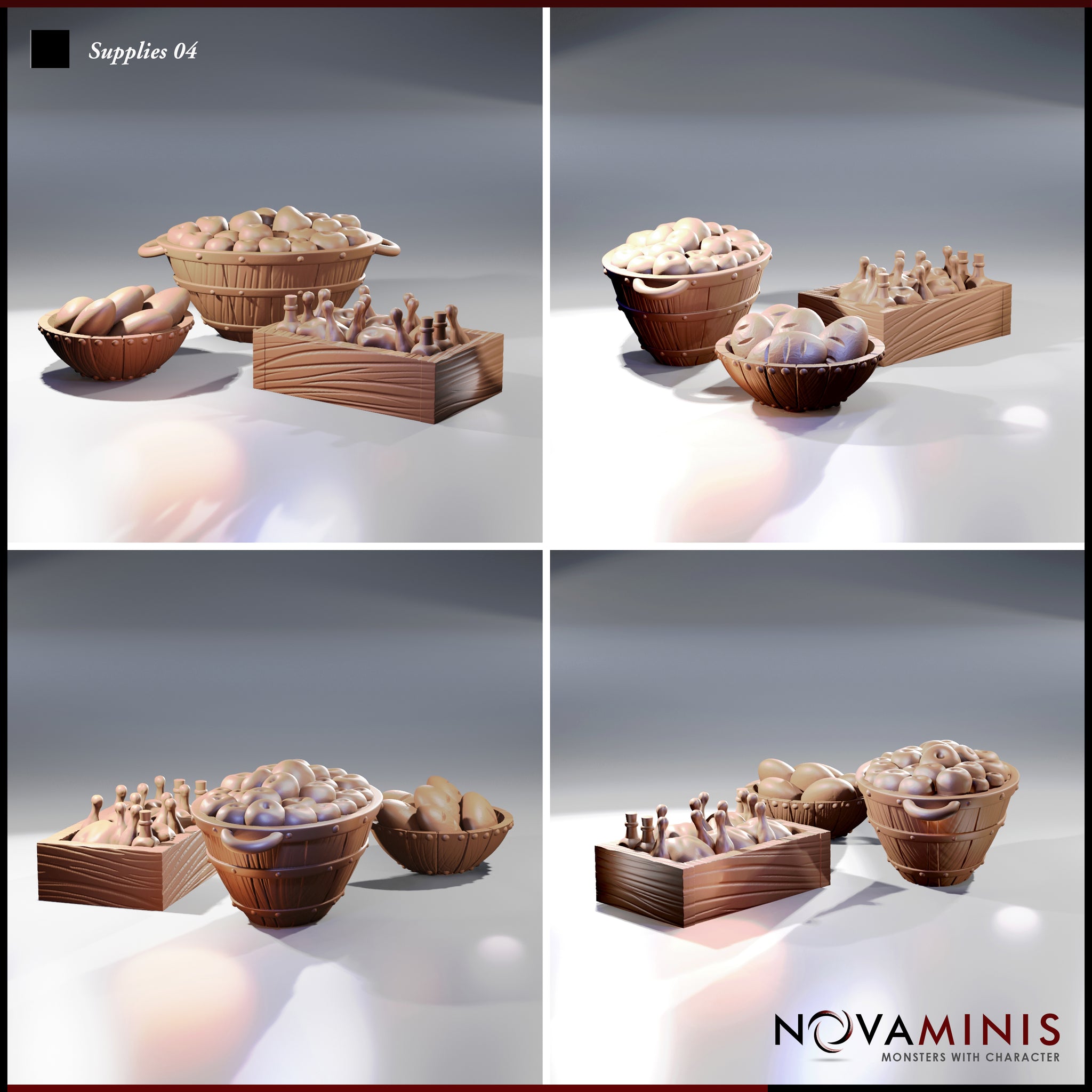 Four-angle digital render of Novaminis Supplies 04 scatter terrain set showing the fruit barrel, bread bowl, and bottle crate from multiple viewpoints, highlighting the wood grain texture on the crate and riveted metalwork on the barrel, all unpainted resin
