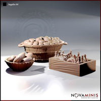 Digital render of three unpainted resin scatter terrain pieces from Novaminis Supplies 04: a large wooden barrel overflowing with fruit, a small riveted bowl filled with bread rolls, and an open wooden crate packed with bottles and cuts of meat, shown against a neutral grey background