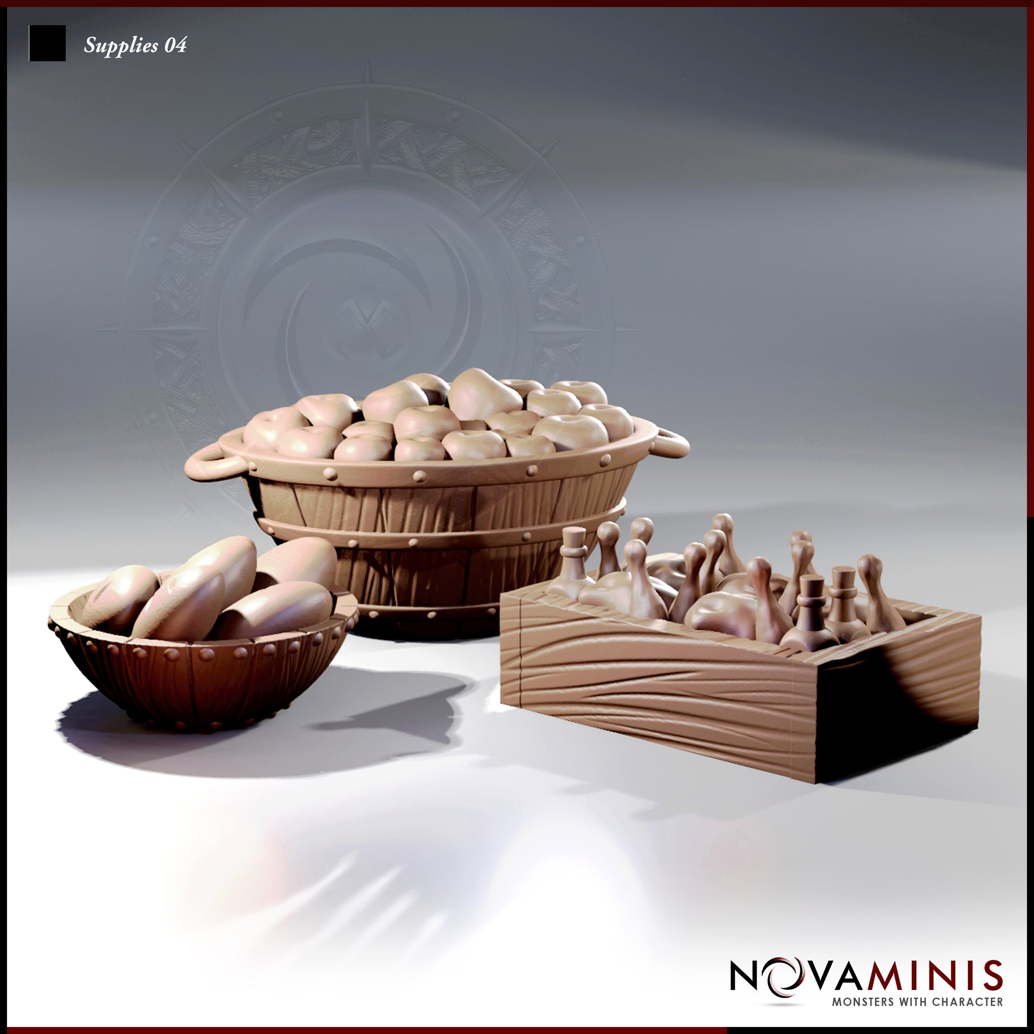 Digital render of three unpainted resin scatter terrain pieces from Novaminis Supplies 04: a large wooden barrel overflowing with fruit, a small riveted bowl filled with bread rolls, and an open wooden crate packed with bottles and cuts of meat, shown against a neutral grey background
