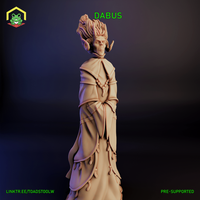 Digital render of the Dabus miniature by The Toadstool Weaver — an unpainted resin-coloured figure of a tall, gaunt robed being with small curved horns, pointed ears, and a dramatic mass of organic flame-like tendrils rising from its head, wearing layered robes with beaded sashes, shown in a three-quarter view against a dark background