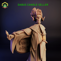 Digital render of an unpainted Dabus Candle Seller miniature at 32mm scale, showing a gaunt horned male figure in layered robes with a wild crown of writhing tendrils, extending one candle in an outstretched hand while a tray of candles hangs at his side