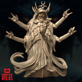 Digital render of the Daemogoth miniature, front view — a multi-armed demonic figure in billowing robes with six outstretched clawed arms, a horned crown with forked sigil, barbed tail, and a monstrous face visible within a deep hood. Unpainted resin-coloured render by Monster Atlas.