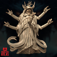 Digital render of the Daemogoth miniature, front view — a multi-armed demonic figure in billowing robes with six outstretched clawed arms, a horned crown with forked sigil, barbed tail, and a monstrous face visible within a deep hood. Unpainted resin-coloured render by Monster Atlas.