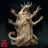 Digital render of the Daemogoth miniature, alternative front view — showing the thorn-crown horns, shrouded monstrous face, six reaching clawed arms spread wide, and flowing layered robes with a coiling barbed tail at the base. Unpainted, rendered in warm sandy tones by Monster Atlas.
