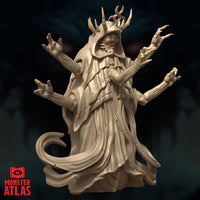 Digital render of the Daemogoth miniature, alternative front view — showing the thorn-crown horns, shrouded monstrous face, six reaching clawed arms spread wide, and flowing layered robes with a coiling barbed tail at the base. Unpainted, rendered in warm sandy tones by Monster Atlas.