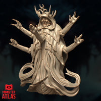 Digital render of the Daemogoth miniature, three-quarter view — highlighting the layered robe detail, multiple outstretched arms with grasping clawed hands, the horned crown, and the sinuous twin-tipped tail curling at the base. Unpainted render by Monster Atlas.