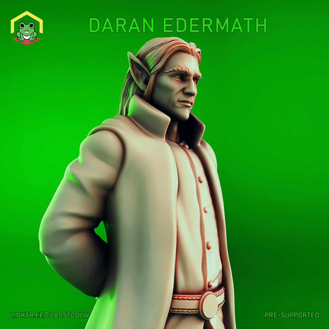 Digital render of Daran Edernath, a drow miniature in a long open coat and buttoned shirt, standing with one hand behind his back. Long hair swept back, pointed ears, and a quietly confident expression. Grey resin render on a green background by The Toadstool Weaver.