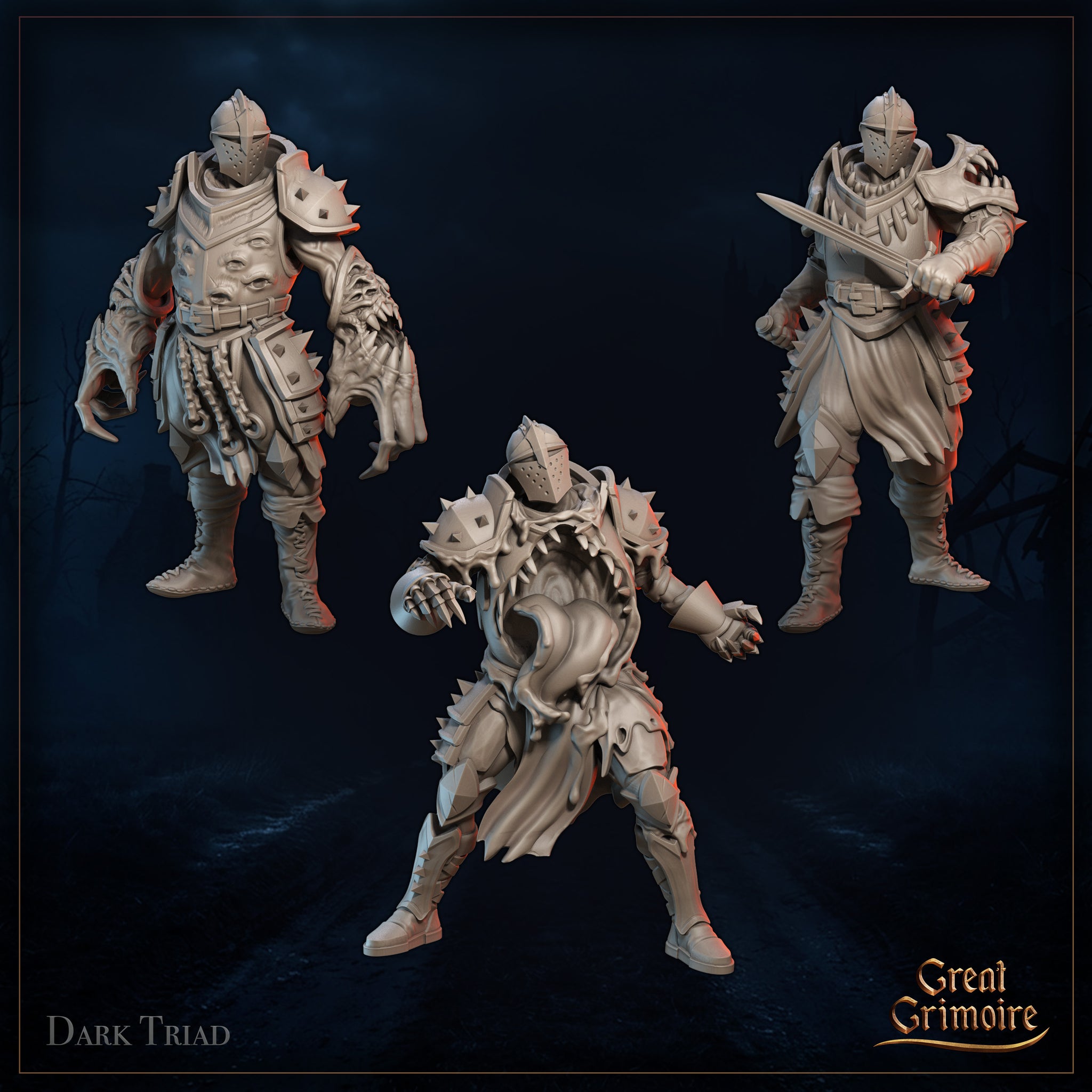 Digital render showing all three Dark Triad Animated Armour miniatures by Great Grimoire — one looming forward with chains and a corrupted torso maw, one advancing with sword raised, and the Firesoul in a wide aggressive stance with clawed gauntlets, all in unpainted grey against a dark atmospheric background