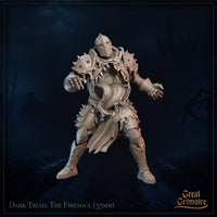 Front-facing digital render of the Firesoul animated armour miniature — an unpainted grey 35mm sculpt in a wide aggressive stance, wearing spiked plate armour with a jagged-toothed maw split open across the breastplate and dark energy spilling outward, clawed gauntlets raised and a pitted visor tilted forward