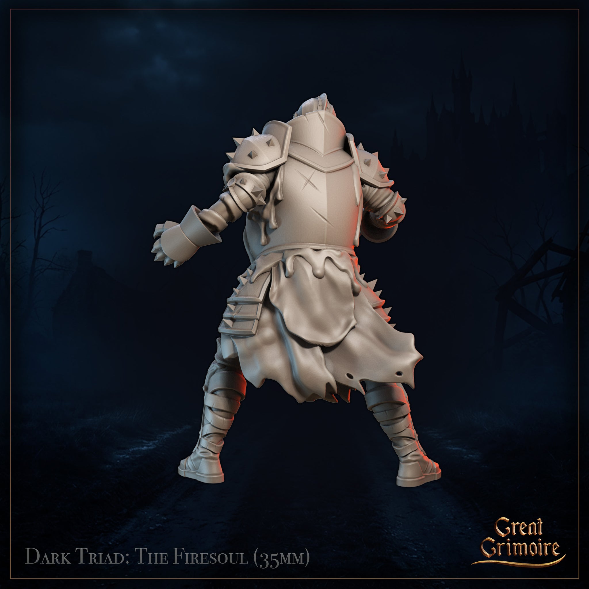 Digital render of the Dark Triad Firesoul Animated Armour miniature at 35mm scale — rear view revealing spiked pauldrons, heavy gauntlets, layered leg armour with serrated edges, and a tattered tabard with torn lower hem, unpainted grey finish