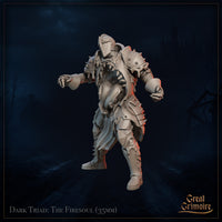 Three-quarter walking pose digital render of the Firesoul animated armour miniature — unpainted grey 35mm sculpt showing the jagged chest maw, asymmetric spiked plate armour, clawed gauntlets, and a mid-stride pose suggesting a lurching advance toward an unseen target