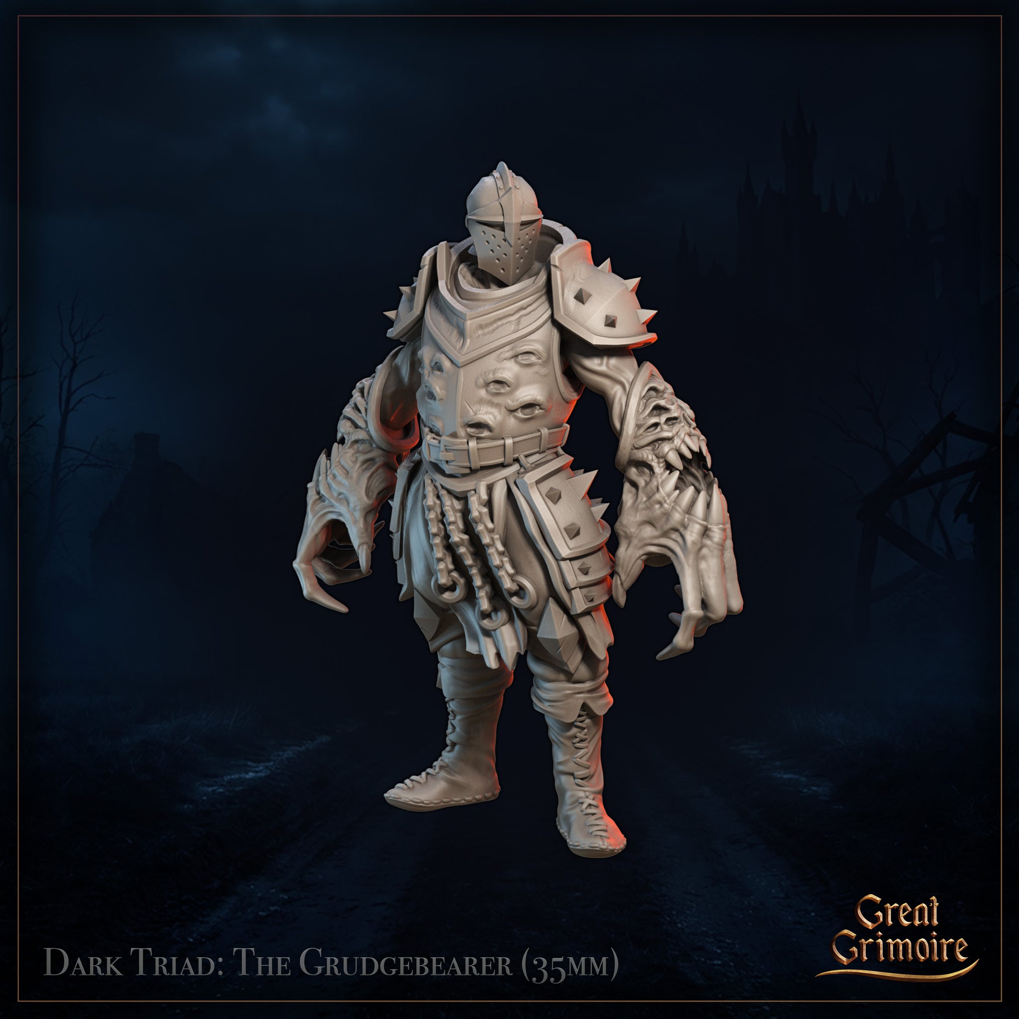 Front-facing digital render of The Grudgebearer miniature — a corrupted armoured figure with spiked pauldrons, grotesque faces pressed into the breastplate, and monstrous clawed gauntlets, set against a dark atmospheric background. From the Dark Triad range by Great Grimoire, 35mm scale.