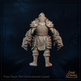 Rear view digital render of The Grudgebearer miniature revealing the full spread of both monstrous clawed arms, spiked pauldrons, and the broad armoured backplate. Dark Triad range by Great Grimoire, 35mm scale.