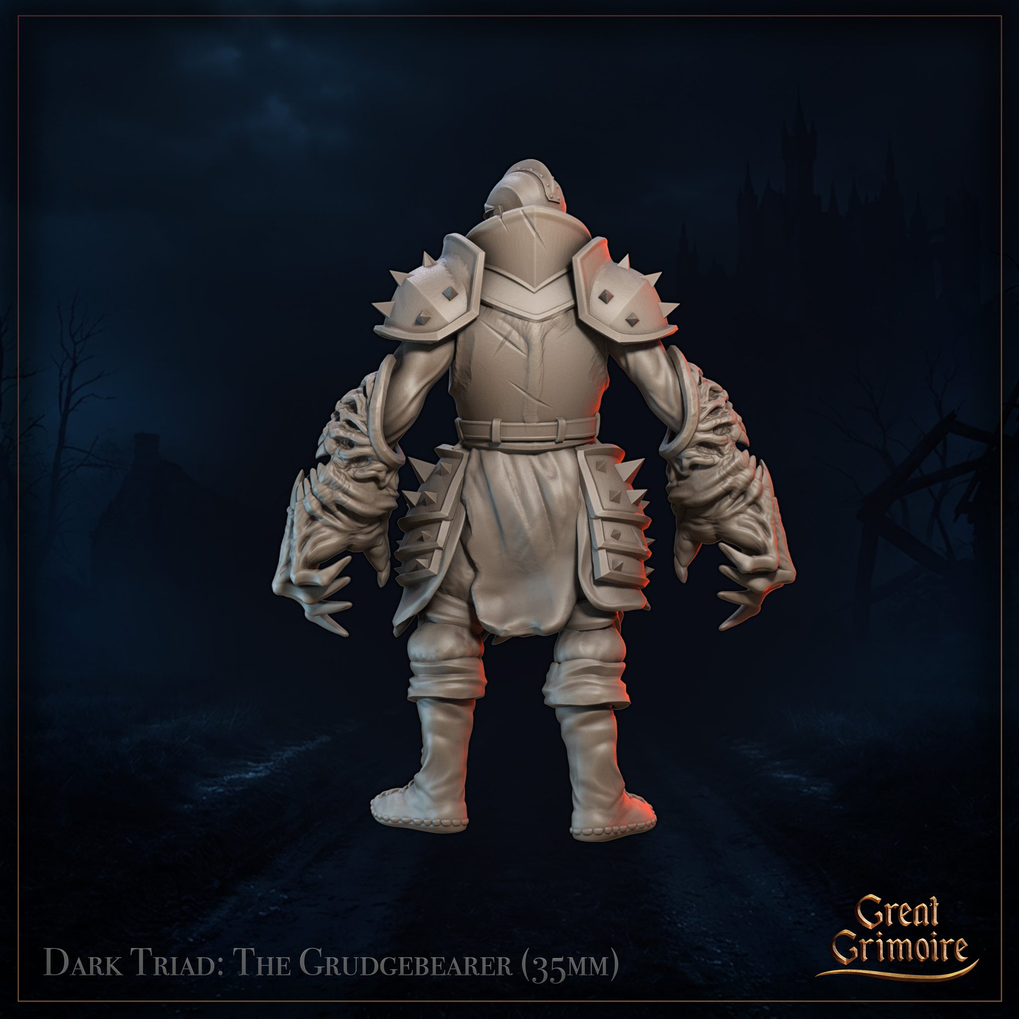 Rear view digital render of The Grudgebearer miniature revealing the full spread of both monstrous clawed arms, spiked pauldrons, and the broad armoured backplate. Dark Triad range by Great Grimoire, 35mm scale.