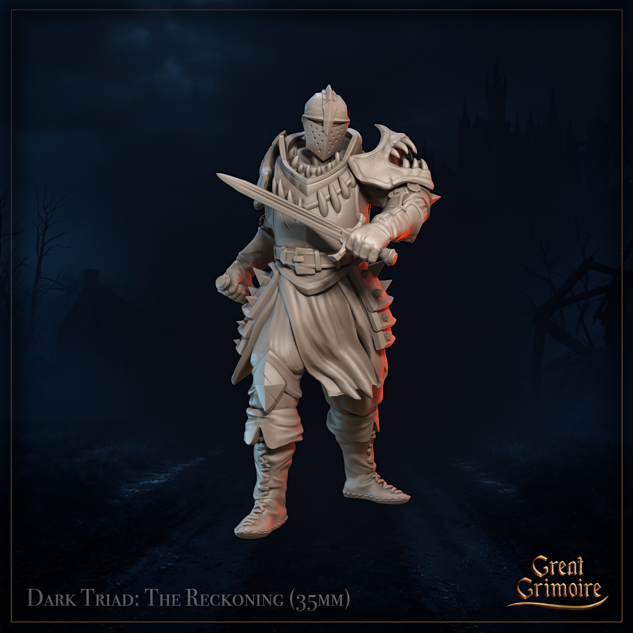 Front-facing digital render of the Animated Armour – The Reckoning miniature at 35mm scale, showing a visored great helm, spiked and clawed pauldrons, dual shortswords held at guard, layered tassets and studded fauld, unpainted grey resin, set against a dark atmospheric background