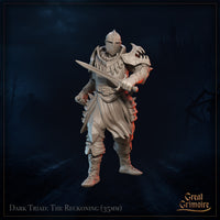 Front-facing digital render of the Animated Armour – The Reckoning miniature at 35mm scale, showing a visored great helm, spiked and clawed pauldrons, dual shortswords held at guard, layered tassets and studded fauld, unpainted grey resin, set against a dark atmospheric background