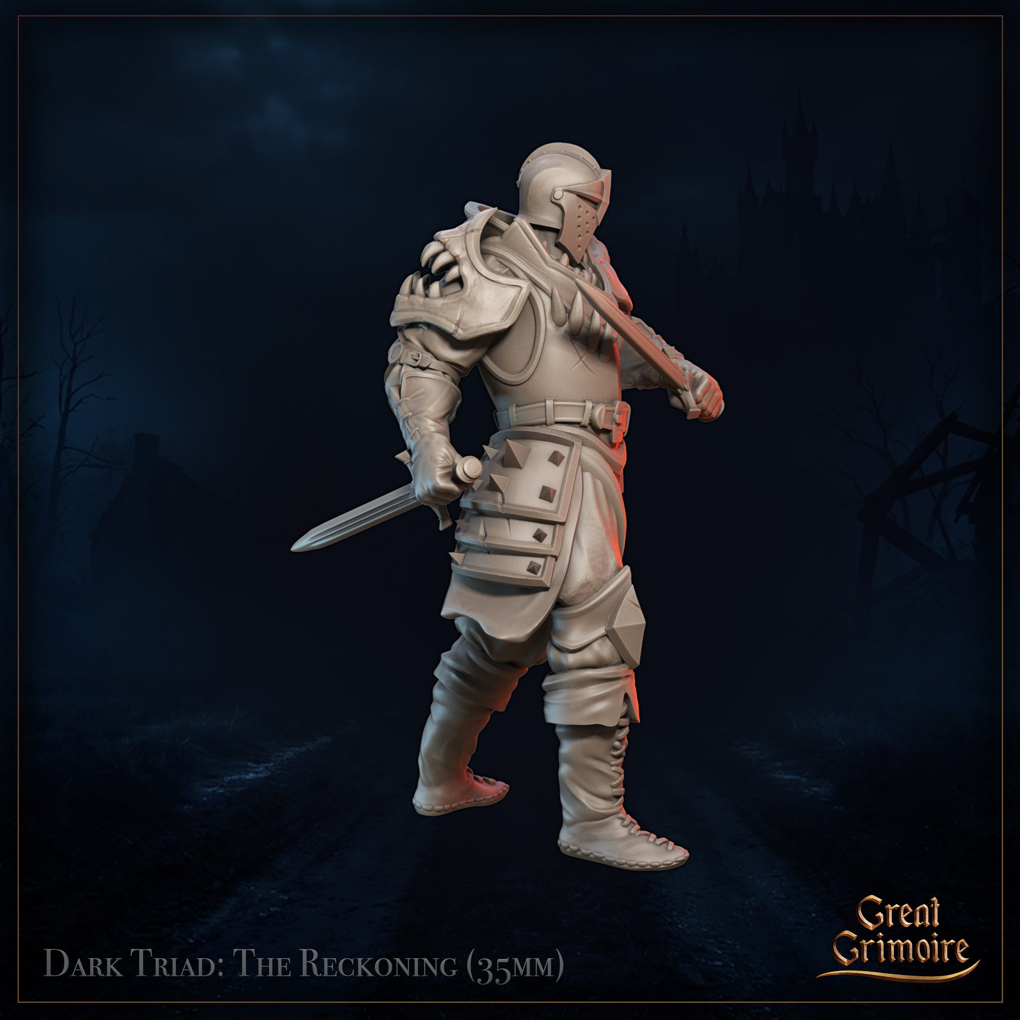 Three-quarter side view digital render of the Animated Armour – The Reckoning at 35mm scale, showing the armour mid-stride with one sword lowered and one raised behind the shoulder, highlighting the serrated armour edges and studded fauld detail, unpainted grey resin