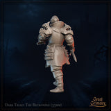 Rear three-quarter view digital render of the Animated Armour – The Reckoning at 35mm scale, revealing the clawed pauldrons on both shoulders, cross-engraved back plate, spiked tassets, and a sword held low in the right hand, unpainted grey resin