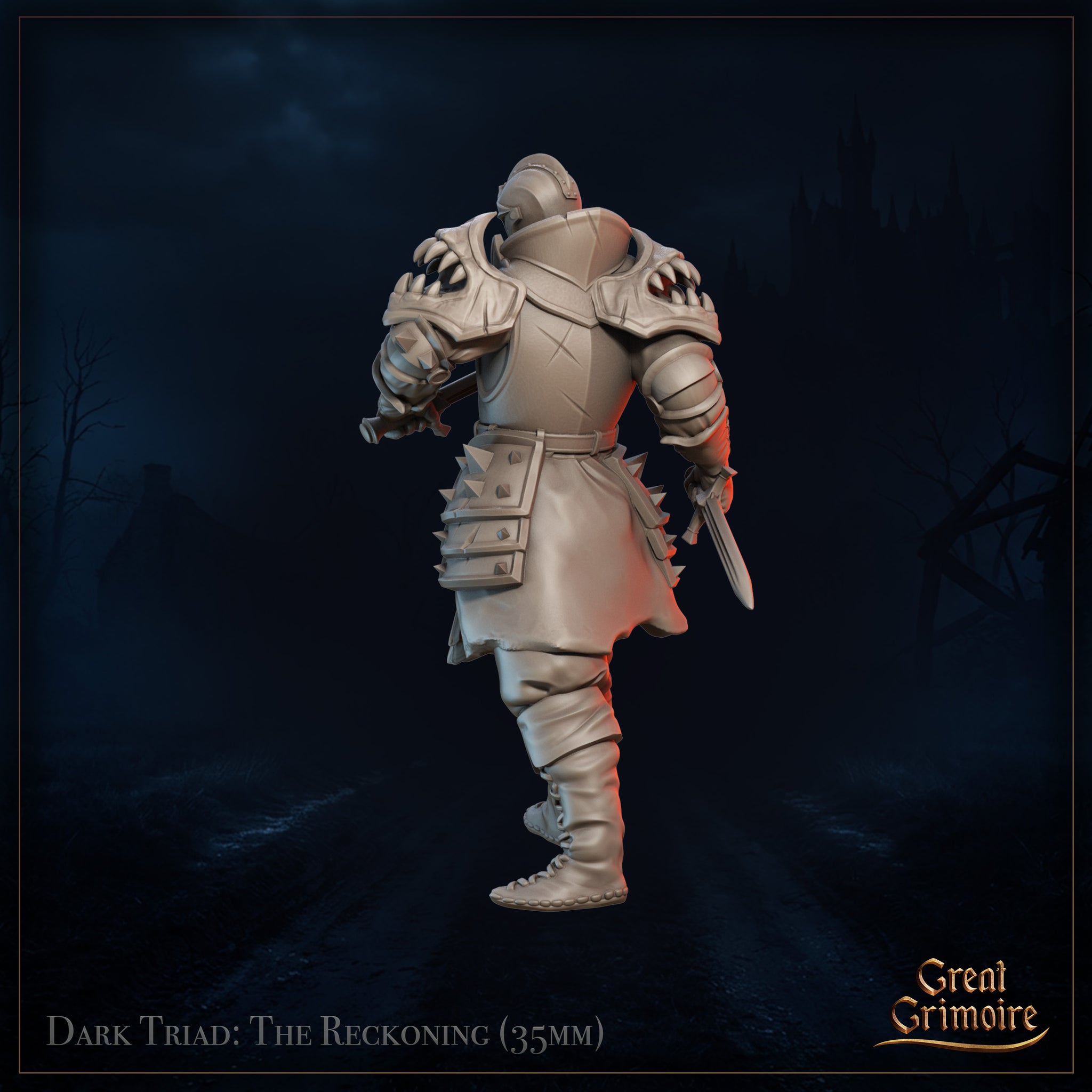 Rear three-quarter view digital render of the Animated Armour – The Reckoning at 35mm scale, revealing the clawed pauldrons on both shoulders, cross-engraved back plate, spiked tassets, and a sword held low in the right hand, unpainted grey resin