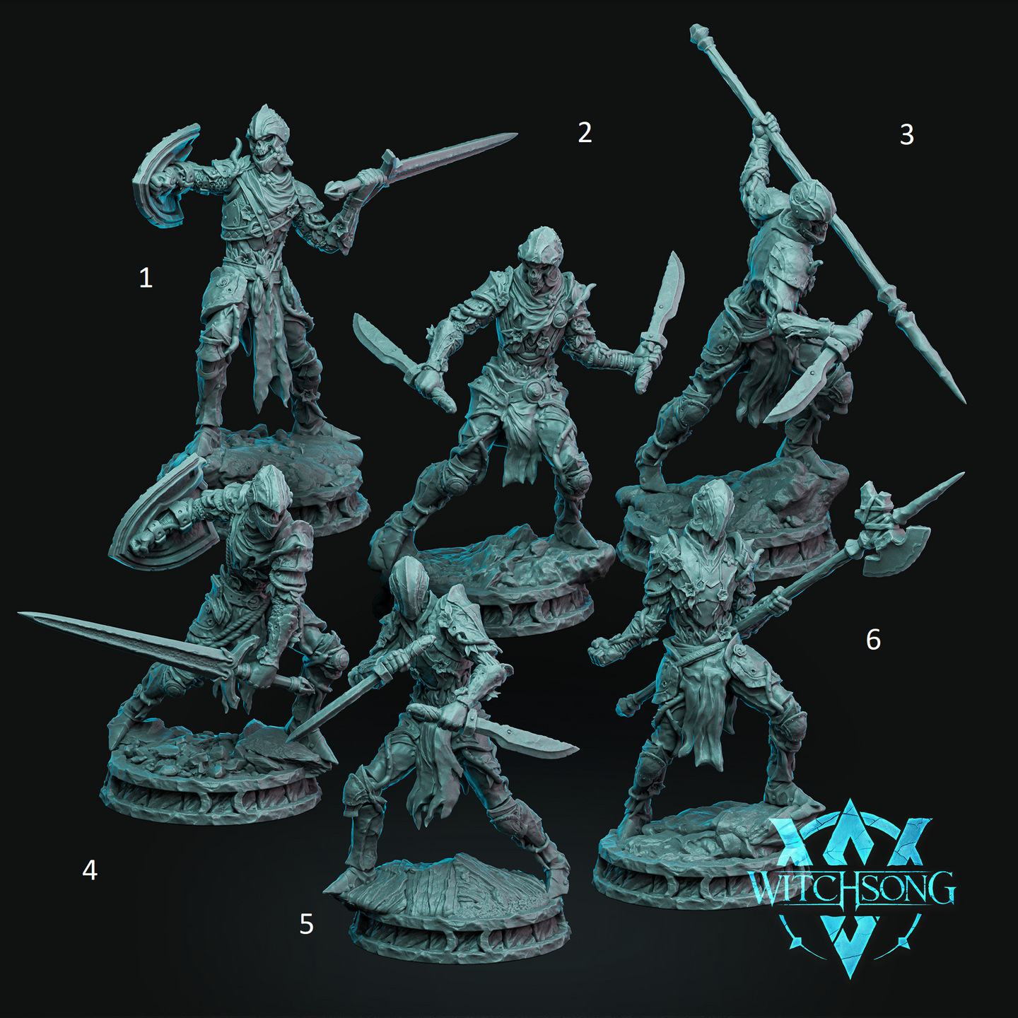 Digital render of six Soldiers of Persephone resin miniatures by Witchsong Miniatures, shown unpainted in teal-grey resin. Pose 1: armoured skeletal warrior wielding a longsword and hand axe, standing tall on a rocky base. Pose 2: crouching undead soldier in plate armour with dual blades, lunging forward on a rubble base. Pose 3: skeletal warrior raising a long spear overhead with a short blade in the other hand, on a stone base. Pose 4: armoured skeleton advancing with a sword and shield. Pose 5: undead wa