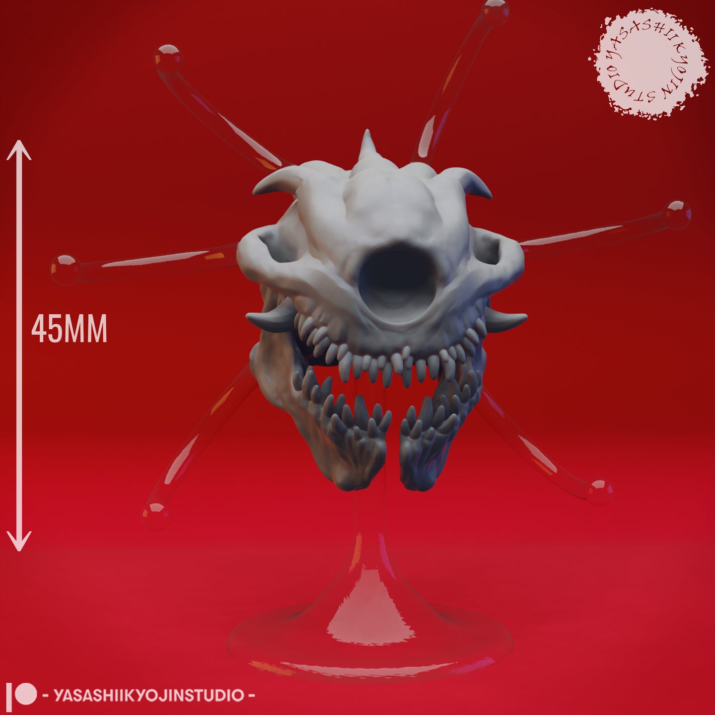 Digital render of the Death Tyrant miniature with a 45mm scale reference shown — fanged beholder skull with six detachable eye stalks, bone spurs, and open jaw displaying multiple rows of teeth. Sculpted by Yasashii Kyojin Studio.