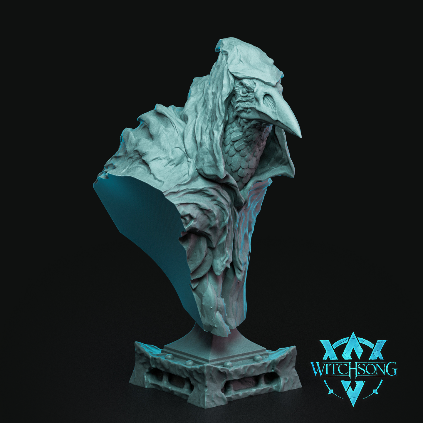 Digital render of the Death Bust by Witchsong Miniatures — an unpainted grey resin-style bust showing a hooded, crow-skulled death figure with a long beak, hollow eye sockets, overlapping scales beneath a billowing torn cloak, mounted on a heavy riveted stone plinth
