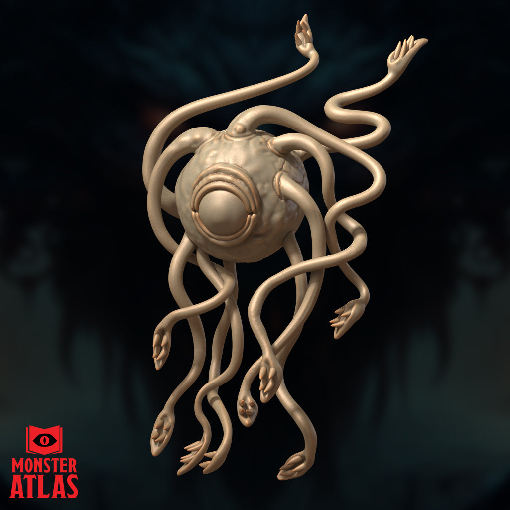 Death Kiss by Monster Atlas — pale orb-bodied aberration with a large central eye and ten sinuous tentacles, each ending in a grasping humanoid hand, tentacles spread wide and reaching upward.