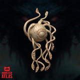 Death Kiss by Monster Atlas — bloated spherical body with concentric ridged eye socket, tentacles hanging downward with clawed humanoid hands curled loosely at the tips, dense and tangled at the base.