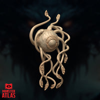 Death Kiss by Monster Atlas — bloated spherical body with concentric ridged eye socket, tentacles hanging downward with clawed humanoid hands curled loosely at the tips, dense and tangled at the base.