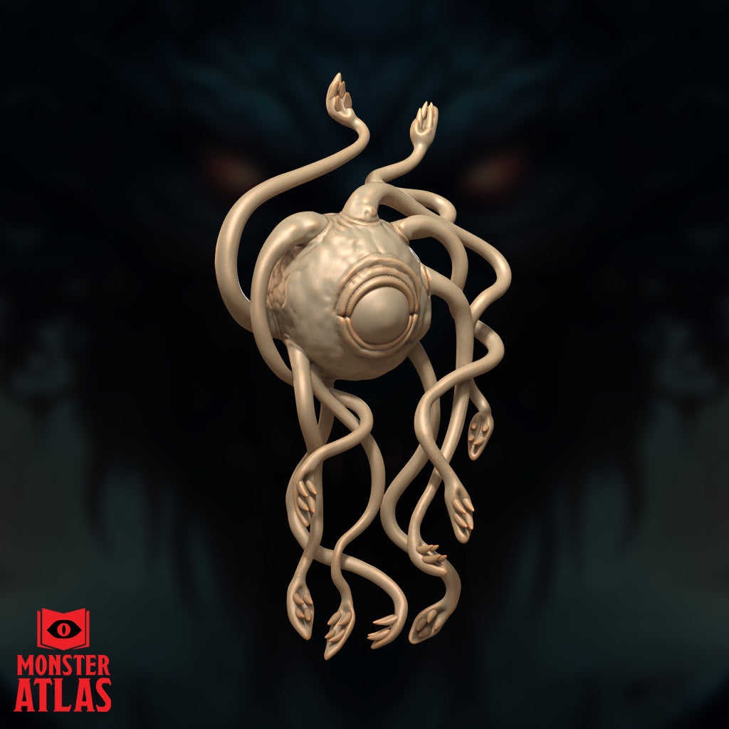 Death Kiss by Monster Atlas — bloated spherical body with concentric ridged eye socket, tentacles hanging downward with clawed humanoid hands curled loosely at the tips, dense and tangled at the base.