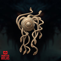 Death Kiss by Monster Atlas — orb body with textured ridged surface and single large eye, tentacles fanning outward in all directions, several hands open and splayed, viewed with tentacles crossing at mid-length.