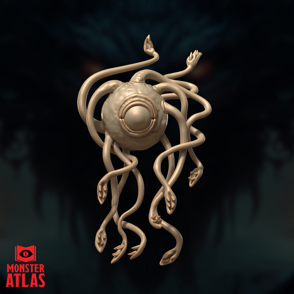 Death Kiss by Monster Atlas — orb body with textured ridged surface and single large eye, tentacles fanning outward in all directions, several hands open and splayed, viewed with tentacles crossing at mid-length.