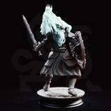 Skeletal armoured warrior in a combat crouch holding a battered shield and long sword, with a crowned spectral wraith rising from behind and clutching its shoulders. Sculpt by DM Stash.