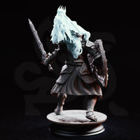 Skeletal armoured warrior in a combat crouch holding a battered shield and long sword, with a crowned spectral wraith rising from behind and clutching its shoulders. Sculpt by DM Stash.