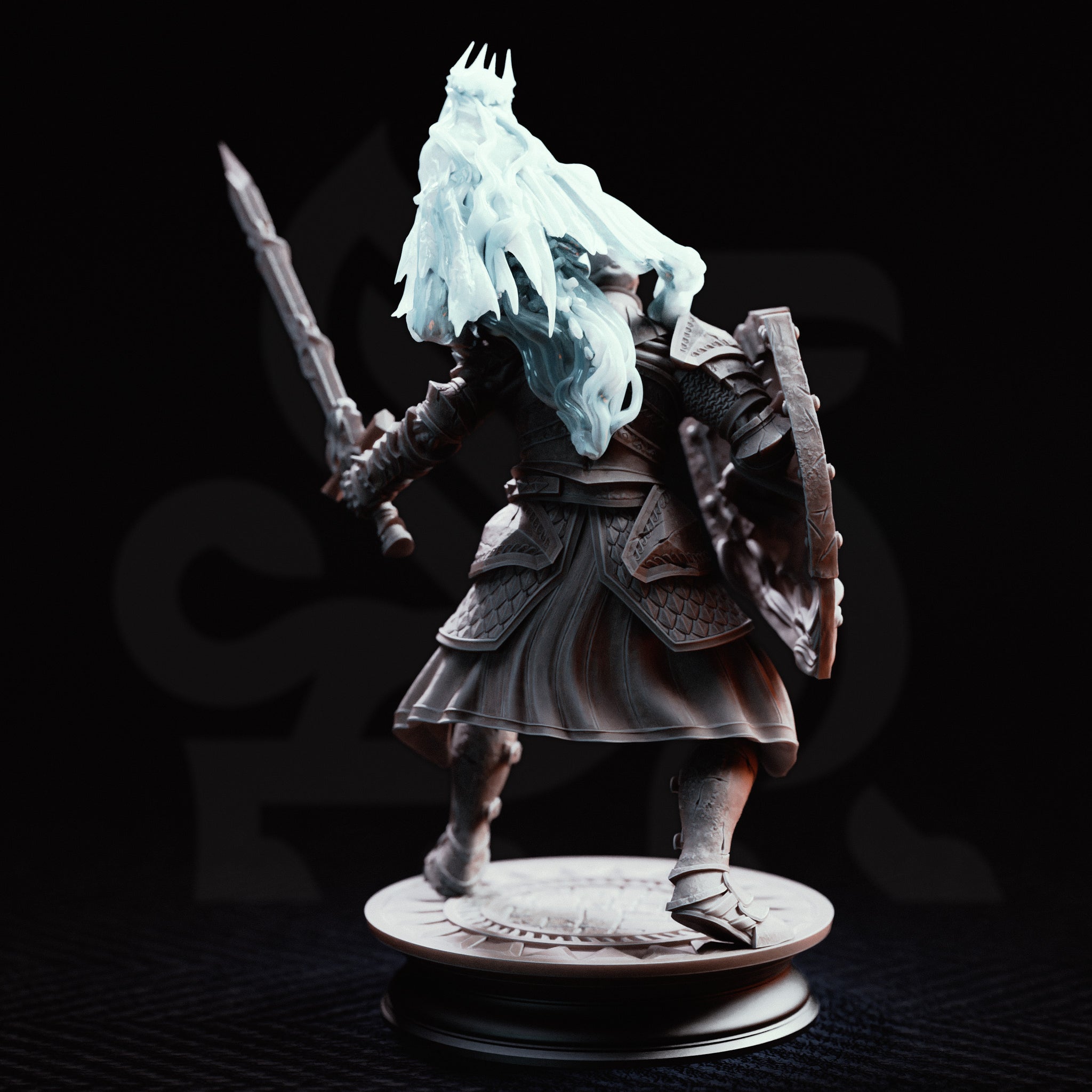 Skeletal armoured warrior in a combat crouch holding a battered shield and long sword, with a crowned spectral wraith rising from behind and clutching its shoulders. Sculpt by DM Stash.