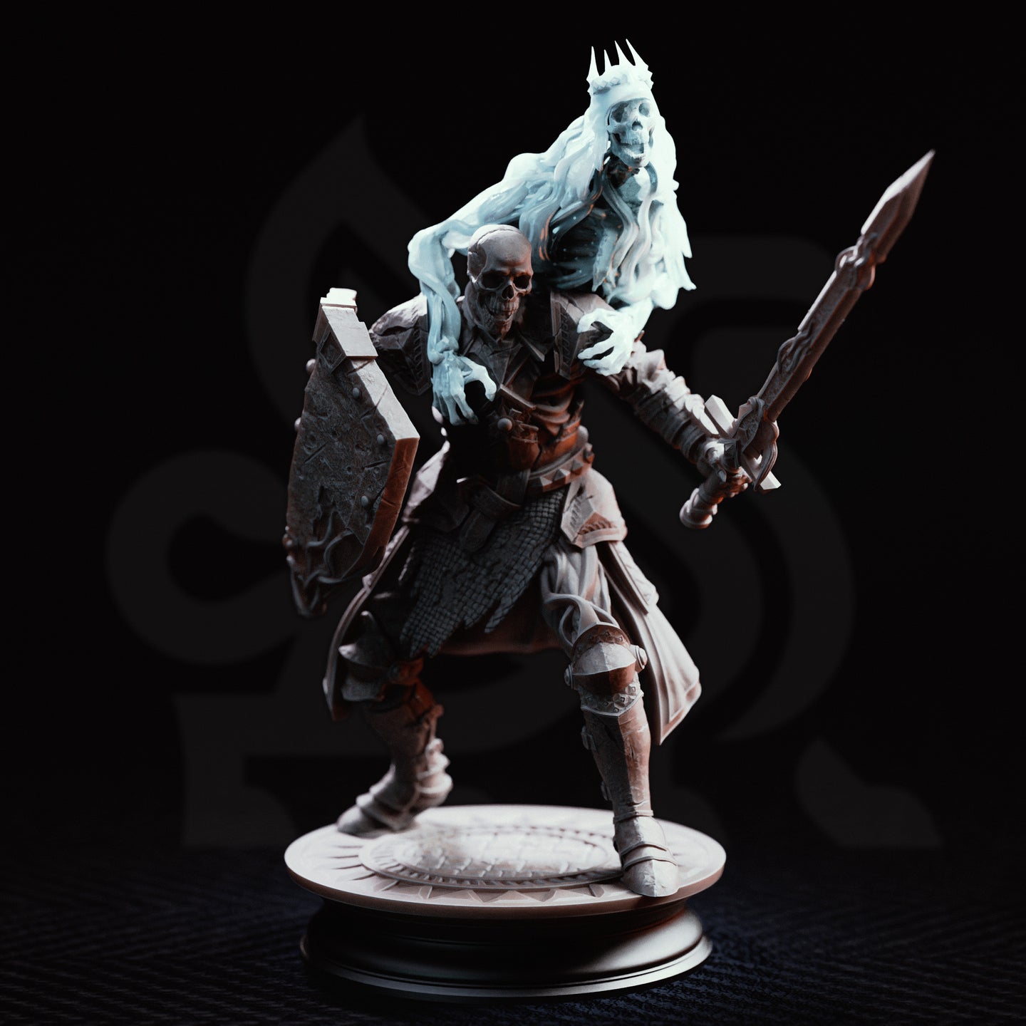 Skeletal warrior in scaled armour and battered plate, crouching with shield raised and sword extended, a skull-faced spectral figure looming over its back. Sculpt by DM Stash.
