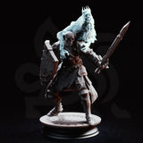 Skeletal warrior in scaled armour and battered plate, crouching with shield raised and sword extended, a skull-faced spectral figure looming over its back. Sculpt by DM Stash.