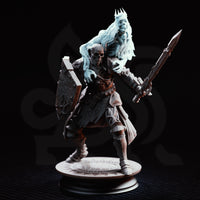 Skeletal warrior in scaled armour and battered plate, crouching with shield raised and sword extended, a skull-faced spectral figure looming over its back. Sculpt by DM Stash.