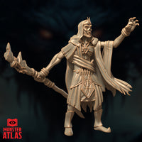 Three-quarter rear view render of the Deathlock Mastermind miniature showing the sweeping cape, layered robes with jagged hem, horned skull crown, and bone staff extended outward — unpainted gold-toned render by Monster Atlas