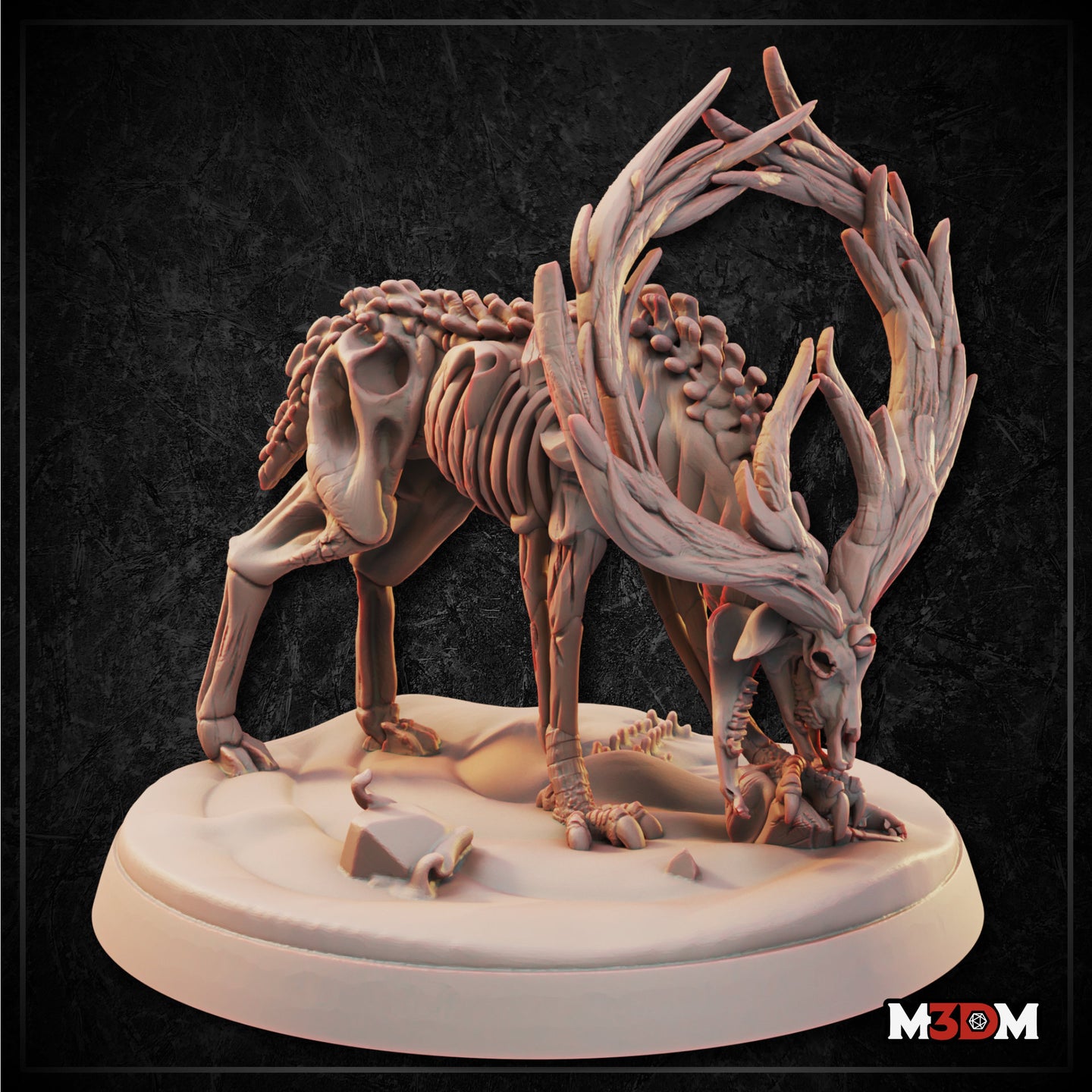 Digital render of the Deer Horror Mid Corruption miniature by Mia Kay M3DM — a corrupted stag with fully exposed ribcage, oversized twisted antlers arching over its back, and clusters of cyst-like growths along its shoulders, head bowed low over a small scattered skeleton on the base