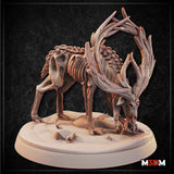 Digital render of the Deer Horror Mid Corruption miniature by Mia Kay M3DM — a corrupted stag with fully exposed ribcage, oversized twisted antlers arching over its back, and clusters of cyst-like growths along its shoulders, head bowed low over a small scattered skeleton on the base